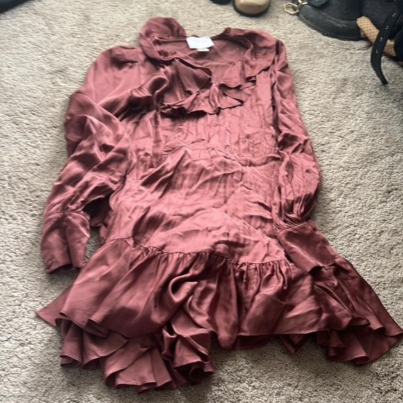 Selkie- Deep Pink Satin Longsleeve Ruffle Wrap Mini Dress - Picture 3 of 3